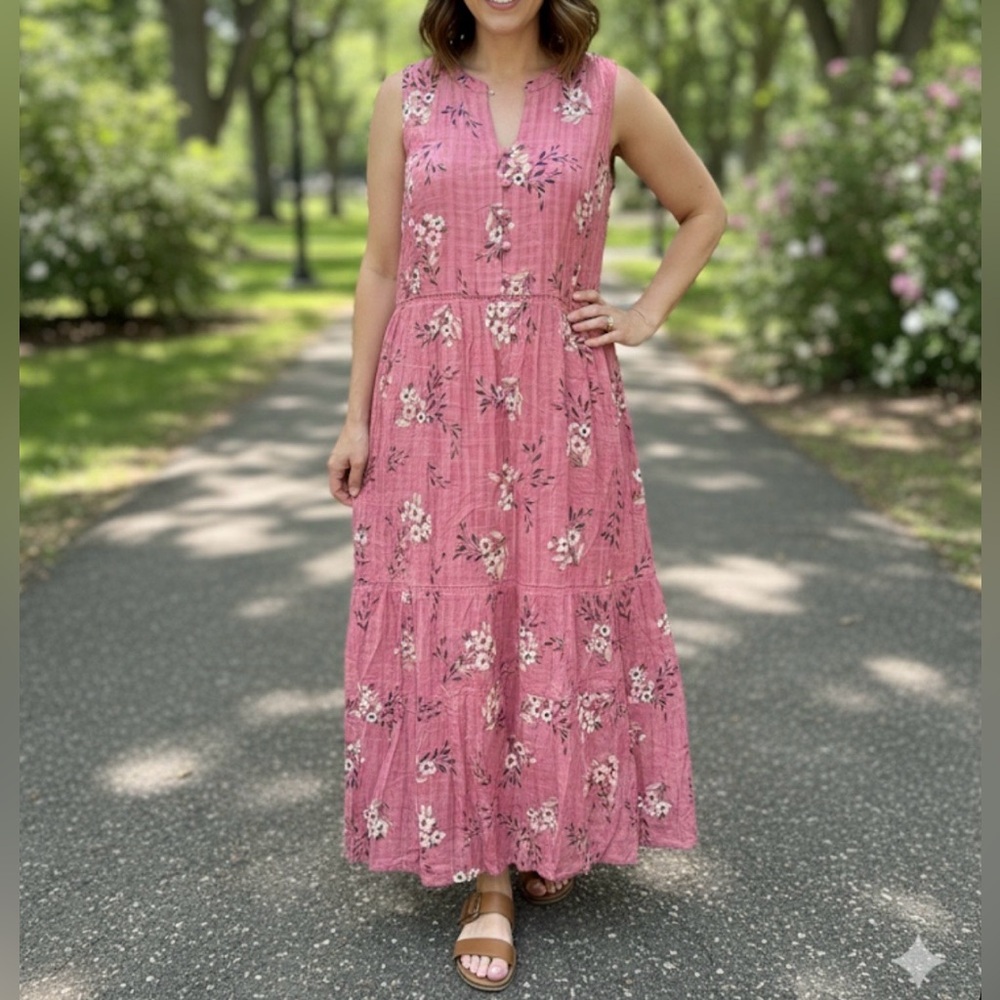 J. Jill Pink Floral Maxi Dress Sz L 100%Rayon